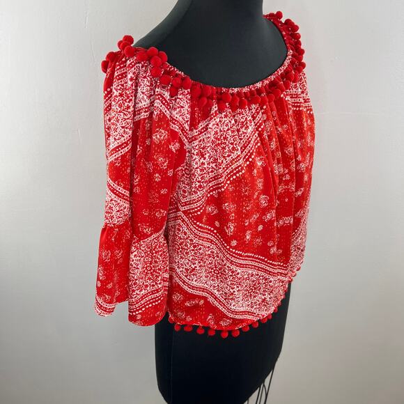 TULAROSA Alex Cherry Red White Bandana Print Off-Shoulder Pom Pom Top Blouse M - Picture 5 of 9